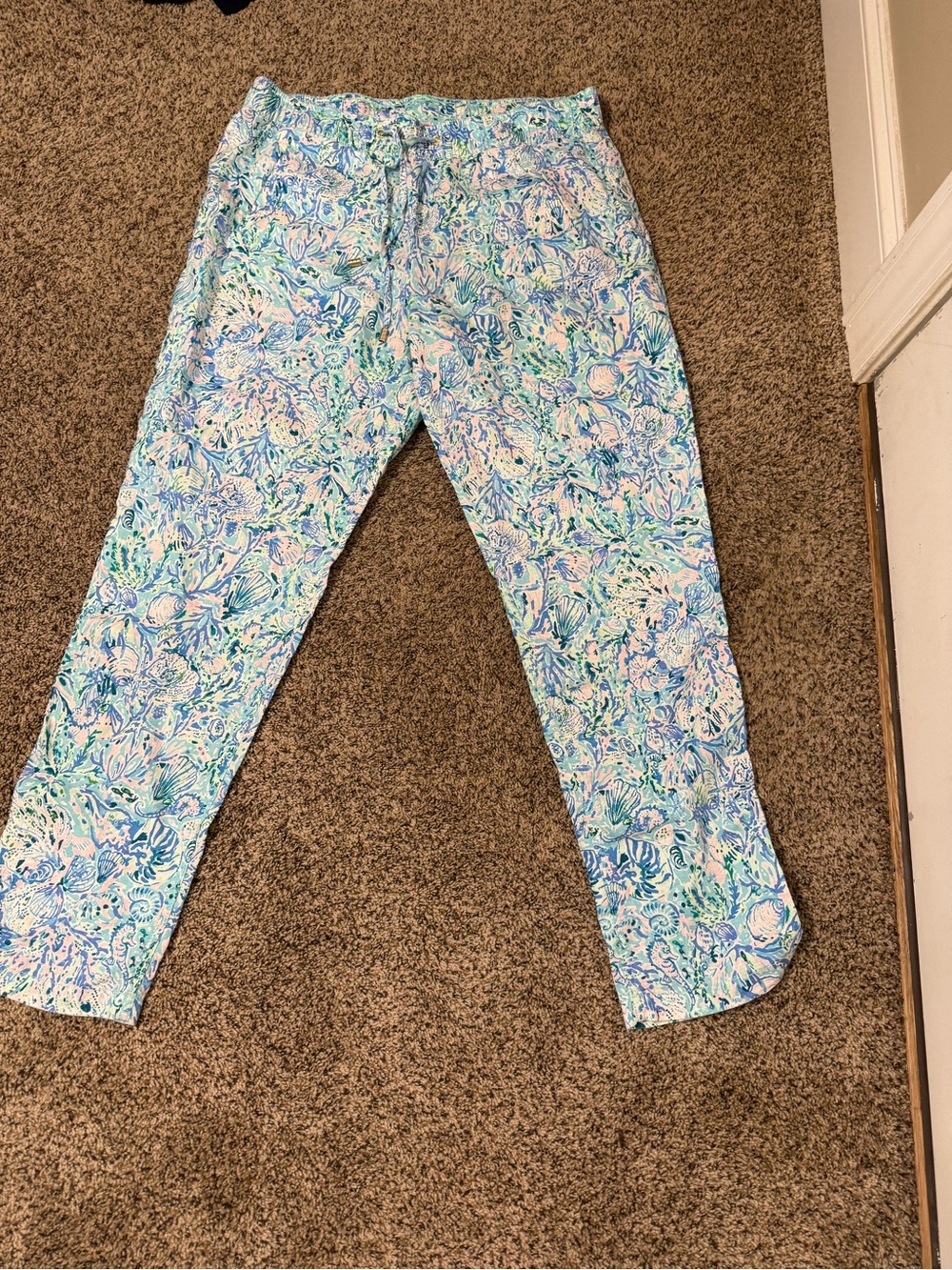 Lilly Pulitzer Taron Pull On 100% Linen Pants Surf Blue Soleil It On Me
